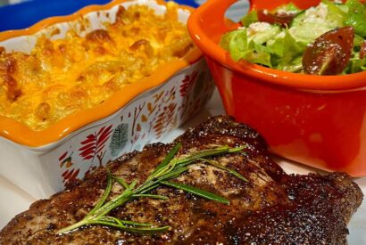 Thumbnail for Ribeye steak, baked macaroni cheese and salad.