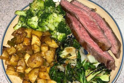 Thumbnail for Seared steak with roasted potatoes, sautéed bok choy and steamed broccoli