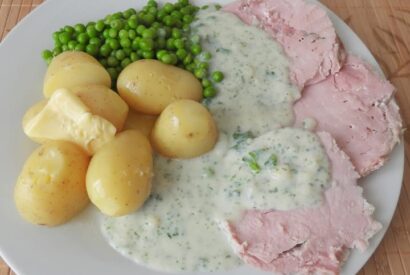 Thumbnail for Boiled gammon with buttery new potatoes, peas and parsley sauce. 😋