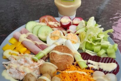 Thumbnail for 80s style salad, rolled ham, pork pie, cheese