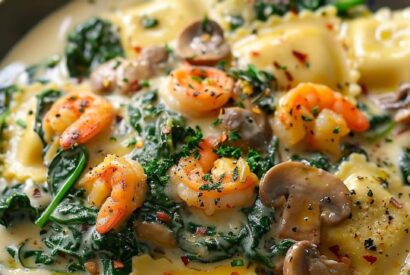 Thumbnail for Ravioli with Seafood, Spinach & Mushrooms in Garlic Cream Sauce