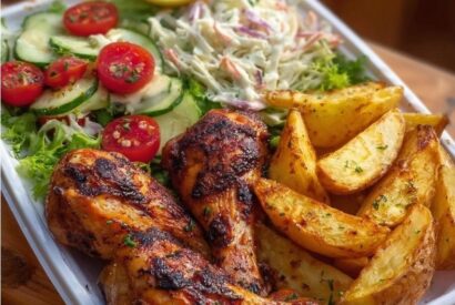 Thumbnail for Grilled Chicken Drumsticks with Crispy Potato Wedges and Fresh Salad