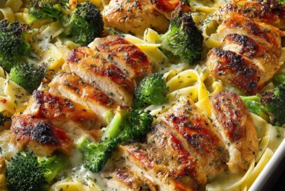 Thumbnail for Baked Fettuccine Alfredo with Grilled Chicken, Broccoli & Baby Potatoes